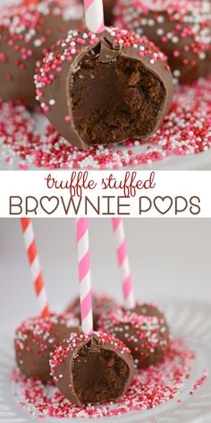 chocolate dipped brownie pops with sprinkles on top and two pink and white striped