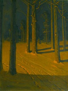 a painting of trees in the snow at night