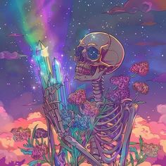 a skeleton sitting on top of a pile of flowers under a sky filled with stars