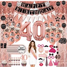 a woman standing in front of a pink 50th birthday backdrop with balloons and confetti