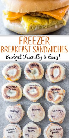 an image of breakfast sandwiches with the words freezer breakfast sandwiches on them