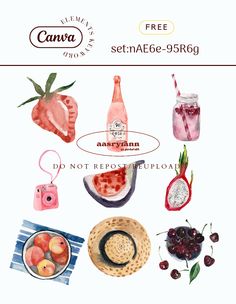 a watercolor painting of various fruits and drinks with the words canva on it