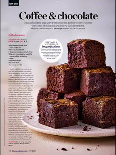 a plate with brownies stacked on top of each other and the words coffee & chocolate above it