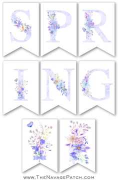 watercolor flowers and butterflies are displayed on white buntings with the word spring spelled in