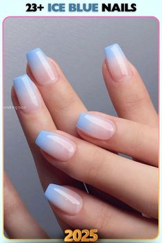 Ombre ice blue nails fading into a soft white gradient. A sophisticated choice that’s perfect for weddings, formal events, or adding a modern twist.