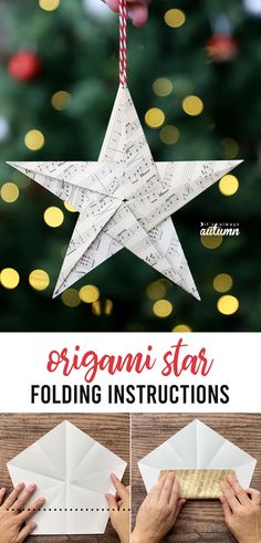 an origami star hanging from a christmas tree with instructions to fold it in half