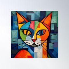 a painting of a colorful cat with blue eyes poster