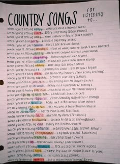 a piece of paper with words written on it that read country songs for listening to