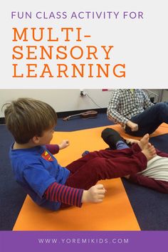 two children sitting on the floor with text overlay reading fun class activity for multi - sensory learning