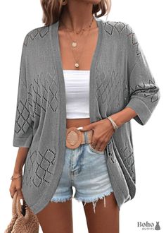 Summer Knit 3/4 Sleeves Grey Boho Cardigan V-neck Open Knit Cardigan For Day Out, Lightweight Casual Cardigan For Spring, Oversized V-neck Cardigan For Vacation, Lightweight Cardigan For Beach In Fall, Casual Spring Outerwear With Half Sleeves, Lightweight Open Front Outerwear For Spring, Casual Half-sleeve Spring Outerwear, Casual Half Sleeve Spring Outerwear, Lightweight Casual Outerwear For Spring