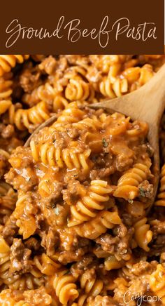 wooden spoon holding up ground beef pasta Rotini Pasta Recipes, The Cozy Cook, Ground Beef Pasta Recipes, Beef Pasta Recipes, Dinner Recipes With Ground Beef, Recipes With Ground Beef, Ground Beef Pasta, Keto Beef Recipes, Ground Beef Dishes