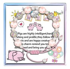 a pink bracelet with pearls and beads on it, saying pigs are highly intelligent hard working and