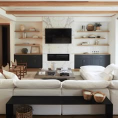 a living room filled with furniture and a flat screen tv mounted on the wall above a fireplace