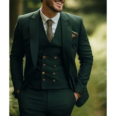 Category:Suits; Embellishment:Pocket; Season:Spring, Fall, Winter, Summer; Fabric:Cotton Blend; Includes:Vest,Pants,Jacket; Occasion:Wedding; Fit Type:Tailored Fit; Jacket Buttons:Single Breasted One-button; Vest Buttons:8; Pattern:Solid Colored; Neckline:Peak; Listing Date:10/25/2023; Production mode:External procurement; Pant Length:; Pants Waist:; Shoulder Width:; Sleeve Length:; Bust:; Hips:; Clothing Length:; Number of Pieces:3 Piece; Design:Classic Luxury Wool Single-breasted Three-piece Suit, Luxury Classic Suit And Tie Accessories For Business, Luxury Wool Double Breasted Suit With Flat Front, Dark Green Suits For Men Wedding, Fitted Green Three-piece Suit For Groom, Green Fitted Three-piece Suit For Groom, Fitted Green Three-piece Suit For Grooms, Slim Fit Three-piece Suit With Suit Collar, Slim Fit Three-piece Suit With Buttons