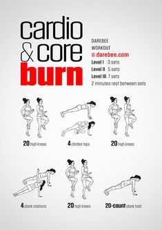 the cardio core and core burn workout poster shows how to do it in different positions