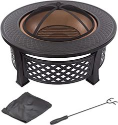 an outdoor fire pit is shown with accessories