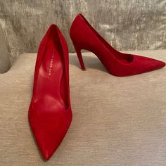 Runs Big. Fits Like An 8.5. Brand New. Never Used. Red Heels With 4-inch Heel For Work, Red High Heel Court Shoes For Work, Red High Heel Workwear Heels, Red High Heels For Work, Red Suede Pointed Toe Heels, Red Suede High Heels, American Shoes, Red Suede, Good American