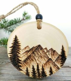 a wooden ornament with trees and mountains painted on the front, hanging from a rope