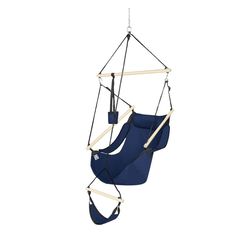 a blue chair hanging from a rope on a white background with the seat attached to it