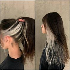 Black And Bleached Hair Underneath, White Underneath Hair, Brunette Hair With Blonde Underneath, Brown And White Hair, Blonde Underneath, Two Color Hair, Underlights Hair, Split Dyed Hair, Hair Color Underneath