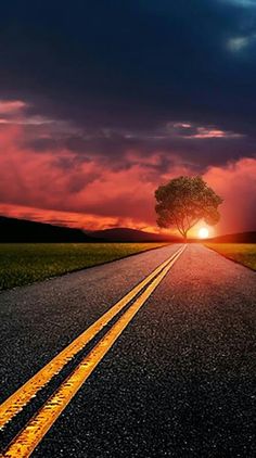 the sun is setting on an empty road with a lone tree in the middle of it