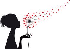 the silhouette of a woman blowing on a dandelion with hearts flying from it