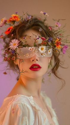 a woman with flowers in her hair and blindfold over her eyes, wearing a white dress