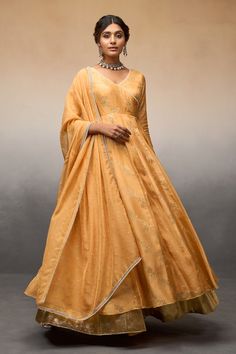 Mango pleated anarkali with floral vine pattern and beaded accents on the neckline. Paired with a palazzo and dupatta with beaded border. - Aza Fashions Yellow Anarkali, Neck Flower, Vine Pattern, Palazzo Set, Flowering Vines, Floral Vine, Set For Women, Three Quarter Sleeves, Anarkali