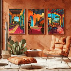 three paintings hang on the wall in a living room