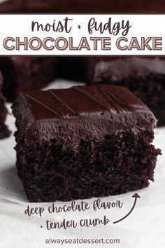 a close up of a piece of chocolate cake on a napkin with the title text above it