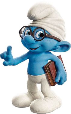 the smurf is holding a book and pointing to it's left side