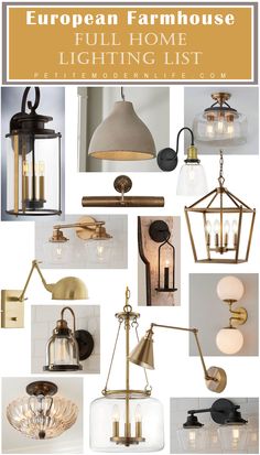 the european farmhouse house lighting list is shown in gold, white and black with text overlay