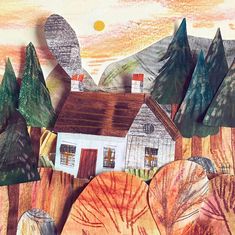 a drawing of a house with trees and mountains in the background, surrounded by colored pencils