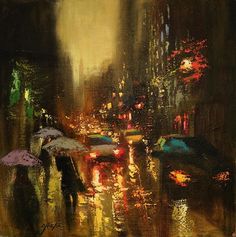 an oil painting of people walking in the rain with umbrellas on a city street