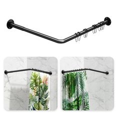 two pictures of the same shower curtain with hooks on each side and an image of some plants