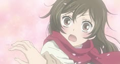 an anime character with long hair and brown eyes wearing a red scarf, looking at the camera