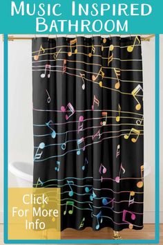 a shower curtain with musical notes on it and the words, music inspired bathroom click for more info