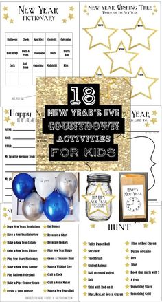 new year's eve activities for kids with gold stars and blue balls on it