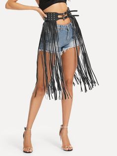 Fringe Design Double Buckle Belt -SheIn(Sheinside) Fringe Belt, Double Buckle Belt, Waist Belts, Fringed Belt, Belt Black, Buckle Belt, Shein Style, Womens Fashion Trends, Tie Dye Skirt