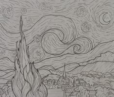 the starry night is shown in this coloring page