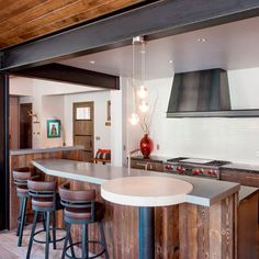 a kitchen with an island and bar stools