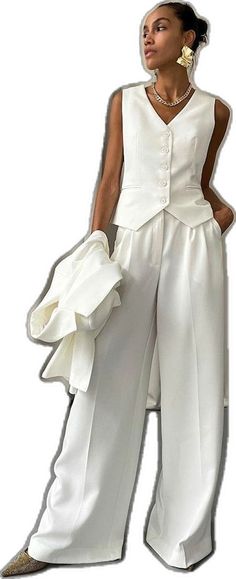 Sleeveless Fitted Pant Set For Wedding, Fitted Sleeveless Pant Set For Wedding, Elegant Tailored White Wide Leg Pants, Elegant Fitted Pant Set For Evening, Elegant Party Suits, White Sleeveless Formal Suit, Elegant Fitted Summer Pantsuit, Elegant Wide Leg Sets For Spring, Elegant Wide-leg Sets For Spring