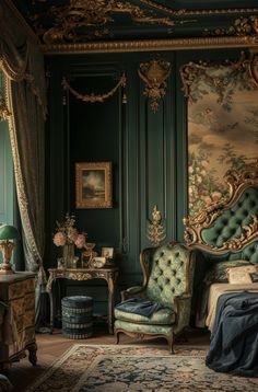 an ornate bedroom with green walls and gold trim