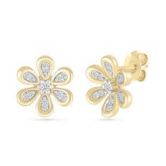 Embrace the beauty of nature with our diamond forget me not flower earrings that feature a gold bezel. Crafted from solid 10k yellow gold, they feature 0.10 carats of dazzling diamonds set into a dainty flower design. Anniversary Yellow Gold Flower Earrings With Diamond Accents, Yellow Gold Flower Diamond Earrings With Brilliant Cut, Fine Jewelry Yellow Gold Flower Earrings With Diamond Accents, Flower-shaped Diamond Earrings, Yellow Gold Flower Earrings With Diamond Accents, Diamond Flower Earrings In Yellow Gold, Yellow Gold Diamond Flower Earrings With Accents, Diamond Yellow Gold Flower Earrings, Yellow Gold Diamond Flower Shape Earrings