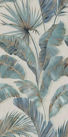 an image of a wallpaper with blue and green leaves on it's side