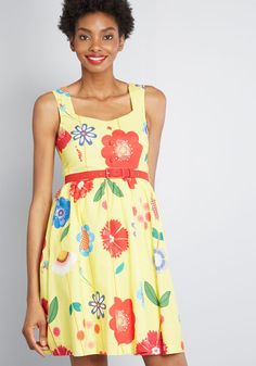 Keeping a casual pace, you breeze through the city center atop your bike in this adorable A-line dress. Part of our ModCloth namesake label, this brilliant yellow piece features an exclusive, hand-drawn print of bright flowers, a sleek red belt, and pockets hidden within the skirt, so while you revel in the architecture all around you, the locals indulge in the sight of your style ! 100% Cotton. Machine wash. Fabric does not provide stretch. Removable belt is adjustable. Side pockets. Fully line Vintage Style Swimwear, Form Fitting Clothes, 1960s Dresses, Casual Dresses Plus Size, Midi Dress Plus Size, Vintage Swimwear, Casual Rompers, Midi Dress Casual, Plus Size Sweaters