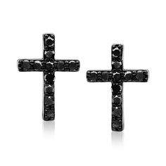 Ross-Simons - .25 ct. t. w. Black Diamond Cross Earrings in Sterling Silver. These .25 ct. t. w. round brilliant-cut black diamond cross earrings offer a bold and modern take on a classic religious symbol. Crafted in polished sterling silver. Black rhodium. Post/clutch, black diamond cross earrings. Diamond birthstones are the perfect gift for April birthdays. Black Cross Earrings For Gift, Black Diamond Earrings Dangle, Black Cross Earrings, Jack Crawford, Diamond Cross Earrings, Black Cross-shaped Earrings For Gift, Black Diamond Earrings, Clutch Black, April Birthday