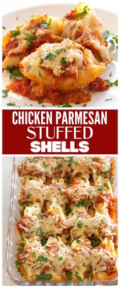 chicken parmesan stuffed shells in a casserole dish