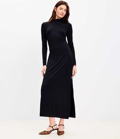 In luxuriously lush and stretchy jersey with shirred detail at the waist, this mock neck midi dress always knows how to endlessly fit and flatter. Mock neck. Long sleeves. Side slit.,Imported:Imported,Fit:Fit: Shift - fits straight and relaxed,Length:50 3/4" from center back neck to hem, measured from a size 8/M,Fabrication:92% Lyocell 8% Spandex,Garment Care:Machine Washable Loft Mock Neck Midi Dress Size Large Black Women's by Loft Size Regular - L Black Women's Shift, Dresses, Work, 92%, Lyoc Shift Dresses Work, Mock Neck Midi Dress, Getaway Dress, Petite Midi Dress, Dresses Work, Social Dresses, Shift Dresses, Grey Outfit, Going Out Dresses