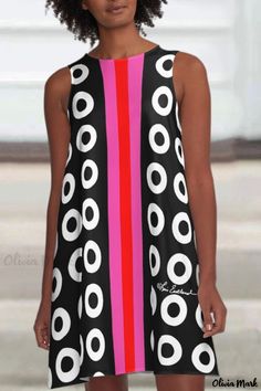 Olivia Mark - Womens Multicolor Print Patchwork A-Line Dress with O-Neck Design Black Color Block Mini Dress For Spring, Spring Black Color Block Mini Dress, Black Summer Dress With Contrast Color, Black Dress With Contrast Color For Summer, Black Geometric Pattern Sleeveless Dress, Black Sleeveless Dress With Geometric Pattern, Aline Mini Dress, Portrait Model, Straight Clothes